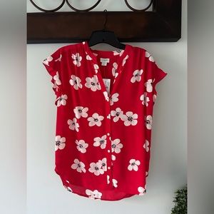 JCrew red print floral cap sleeve button down shirt